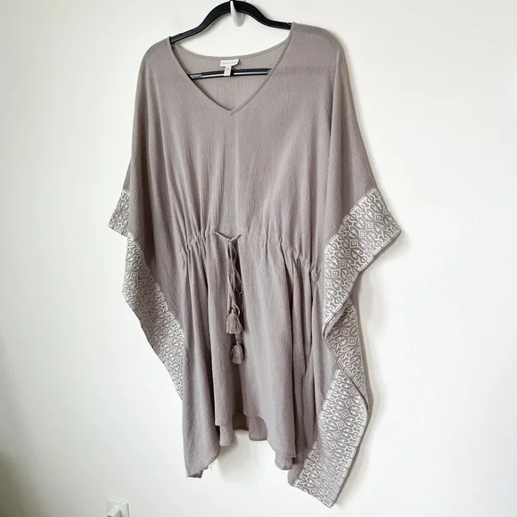Garnet Hill Embroidered Kaftan Swim Cover Up Gray White Drawcord Tassel Large - Picture 2 of 9